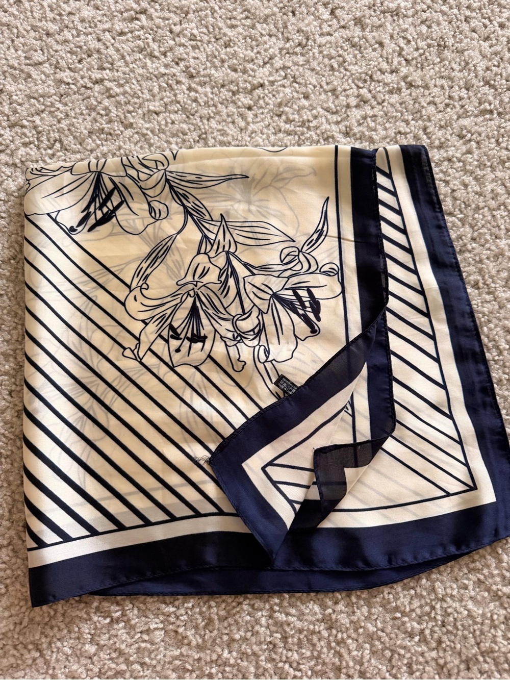 Floral Stripe Silk-Feel Scarf Skirt in Cream and Navy 10*10 inches